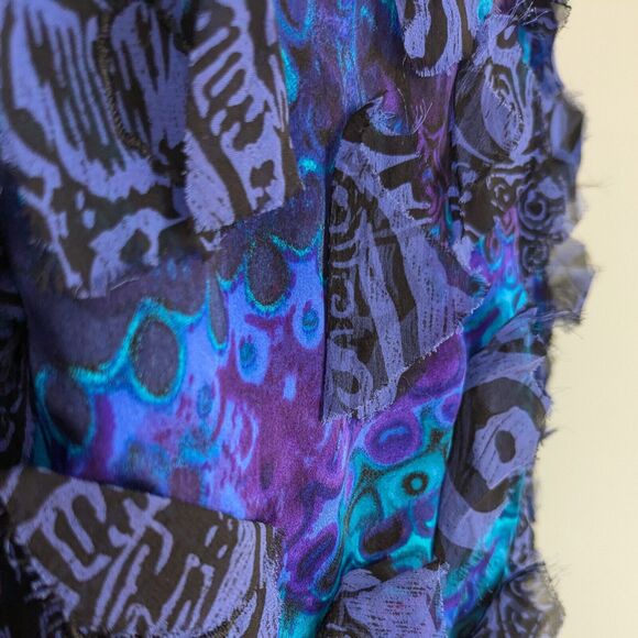 Vintage Chicos Silk Jacket Topper Blazer S Blue Black Art Eclectic Funky Floral - Picture 10 of 11